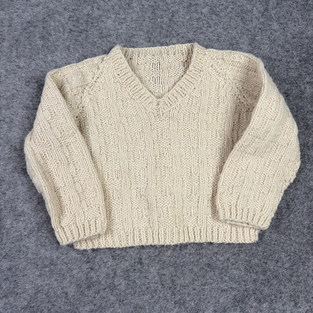 Classy V-Neck‎ Sweater Mens S Cream Cotton Chunky Cable Knit Old Money